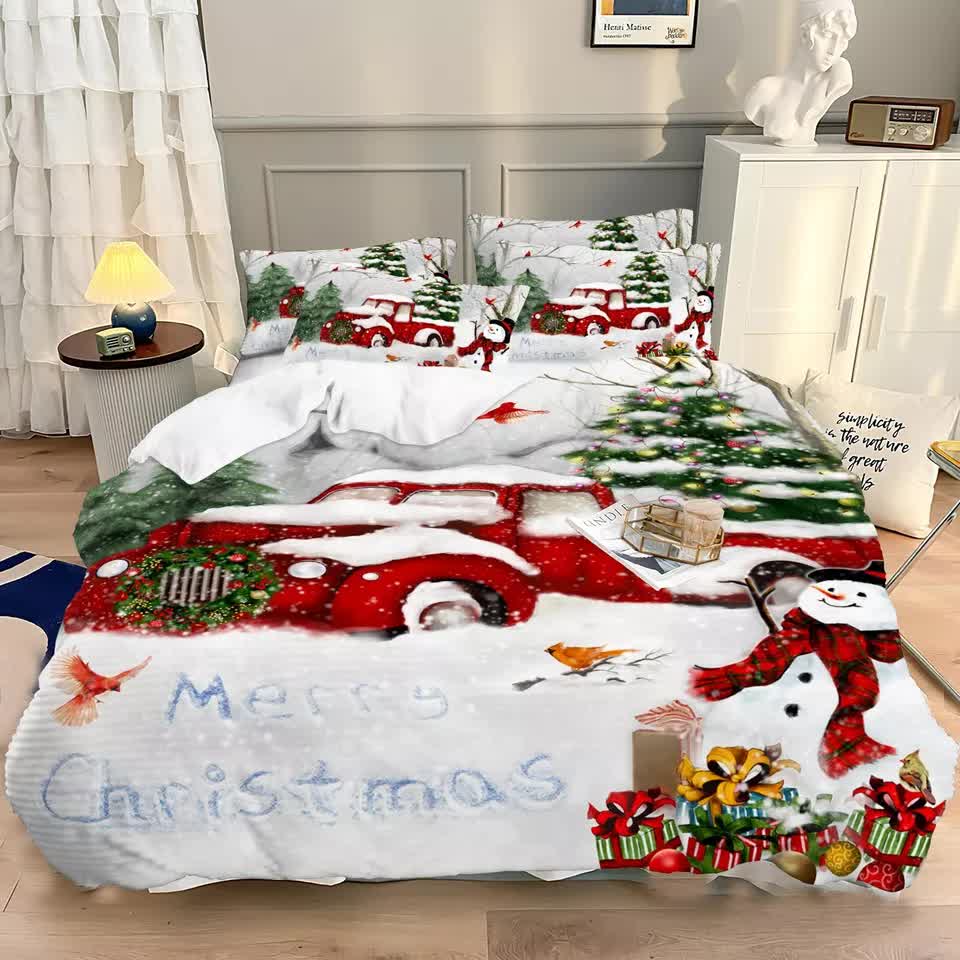 Elegant Touch Solid Color Duvet Cover Set - Easy Care-Queen with festive Christmas truck and snowman design in bedroom setting