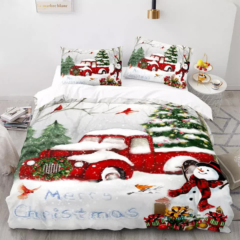 Elegant Touch Solid Color Duvet Cover Set - Easy Care-Queen with festive red truck and Christmas tree design on bedzy bedding