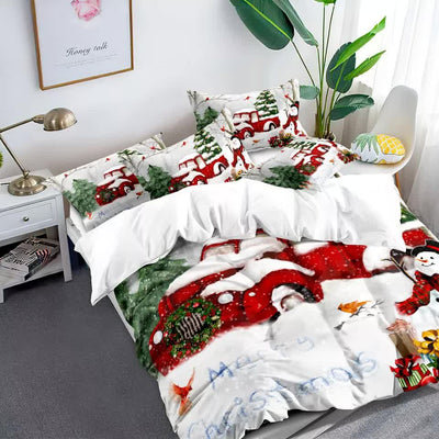Elegant Touch Solid Color Duvet Cover Set - Easy Care-Queen with festive Christmas truck and snowman design on bed in modern bedroom