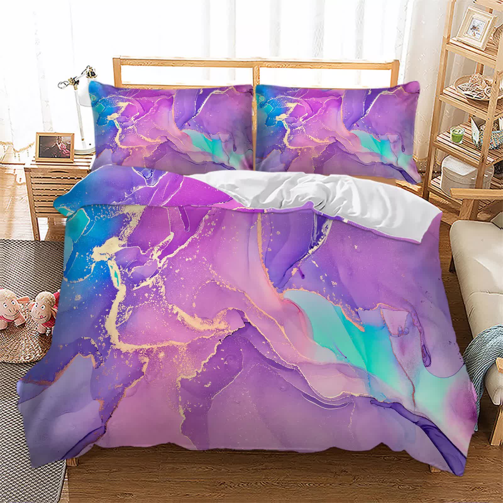 Modern Stripes Duvet Cover Set - Wrinkle-Resistant Material-Double with vibrant purple and teal abstract design on a double bed in bedroom setting