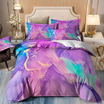Modern Stripes Duvet Cover Set - Wrinkle-Resistant Material-Double in vibrant purple and teal on a styled bed with bedside tables