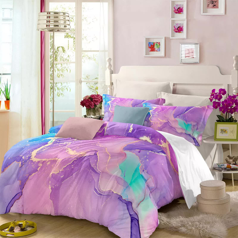 Modern Stripes Duvet Cover Set - Wrinkle-Resistant Material-King with vibrant purple and turquoise abstract stripes in a cozy bedroom setting