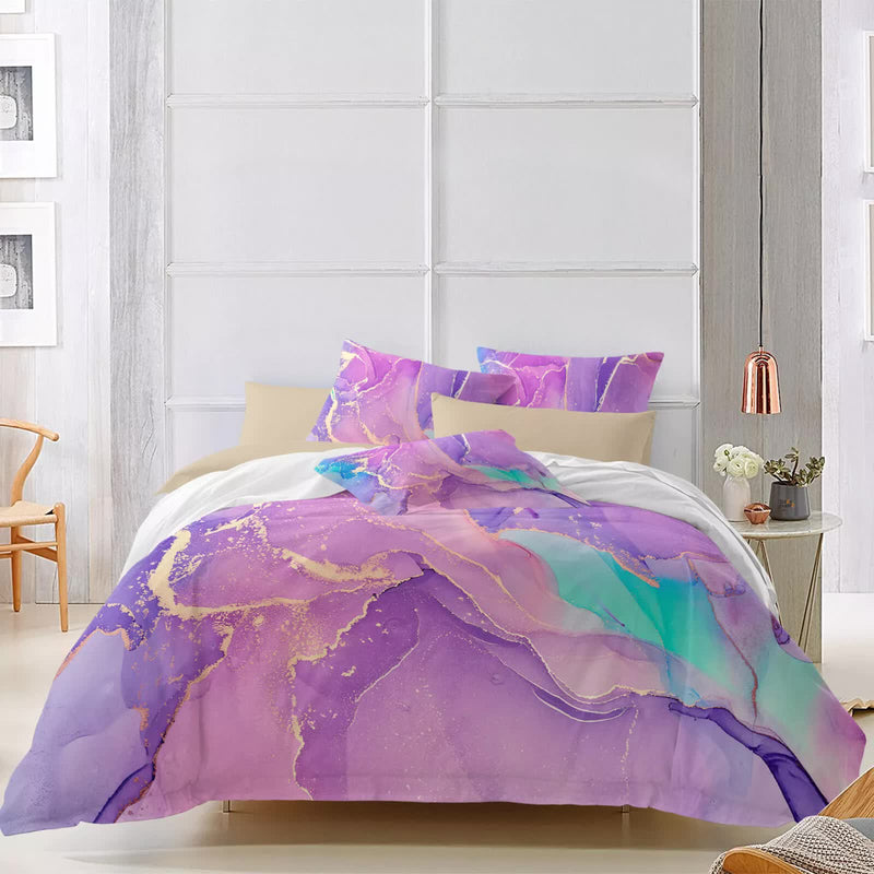 Modern Stripes Duvet Cover Set - Wrinkle-Resistant Material-King in purple and teal abstract design on a bed with pillows in bedroom setting