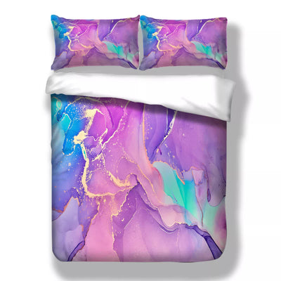 Modern Stripes Duvet Cover Set - Wrinkle-Resistant Material-Queen with vibrant purple and blue abstract design on bed by Bedzy