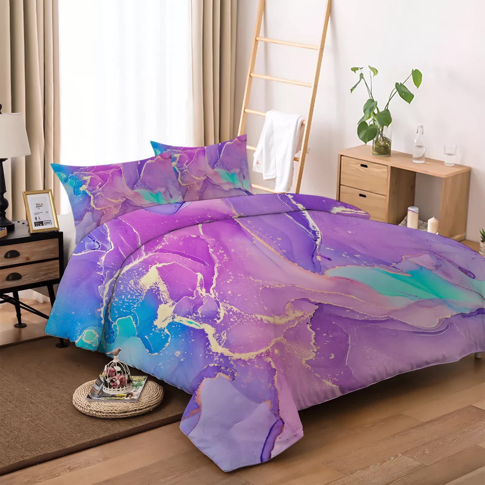 Modern Stripes Duvet Cover Set - Wrinkle-Resistant Material-Queen in vibrant purple and blue abstract pattern on bedzy bedroom furniture