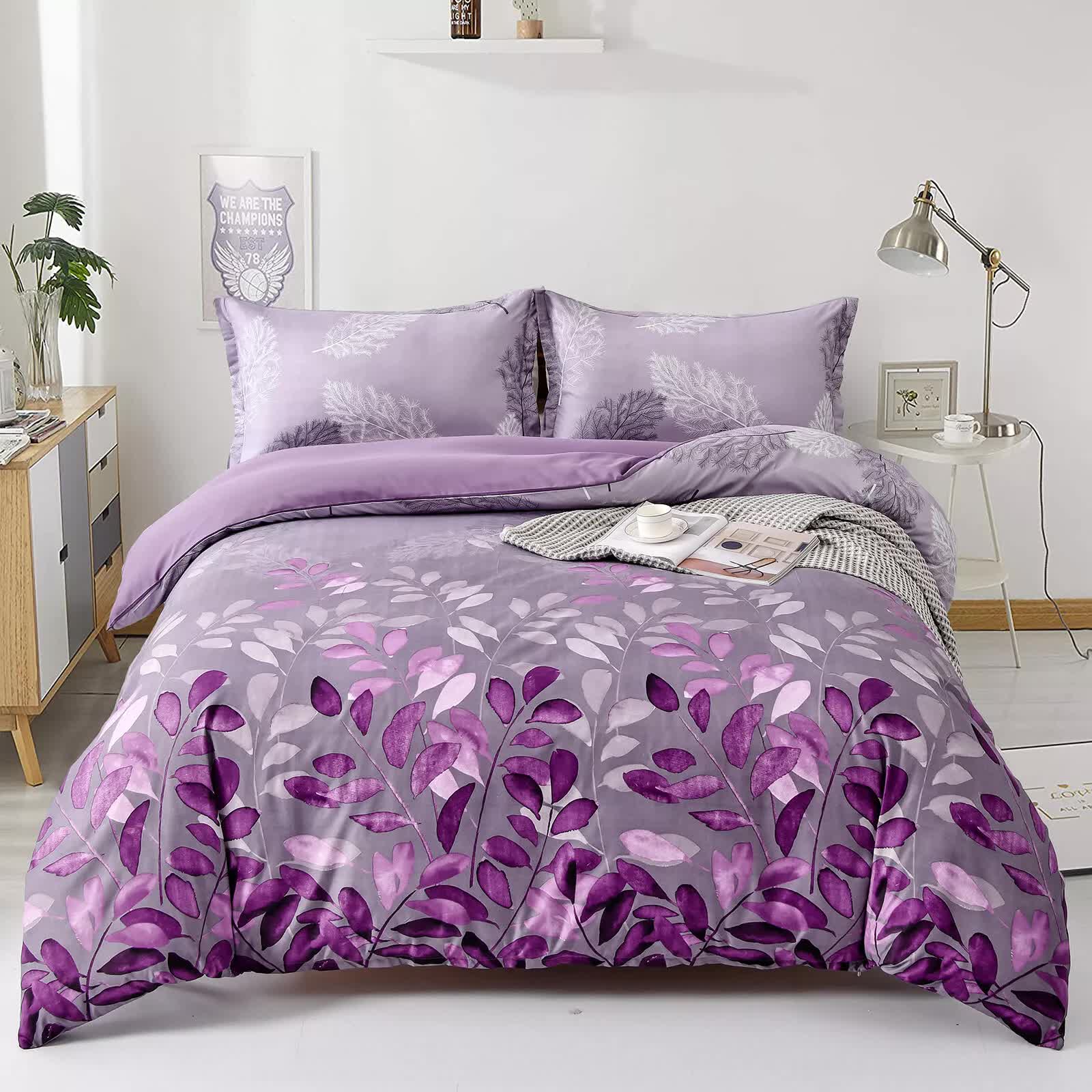 Soft Haven 3-Piece Duvet Cover Set - Long-Lasting Comfort-King in purple with floral design on bed in modern bedroom setting