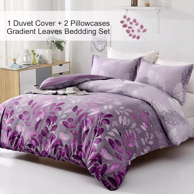 Soft Haven 3-Piece Duvet Cover Set - Long-Lasting Comfort-King with purple gradient leaves design on bed in modern bedroom