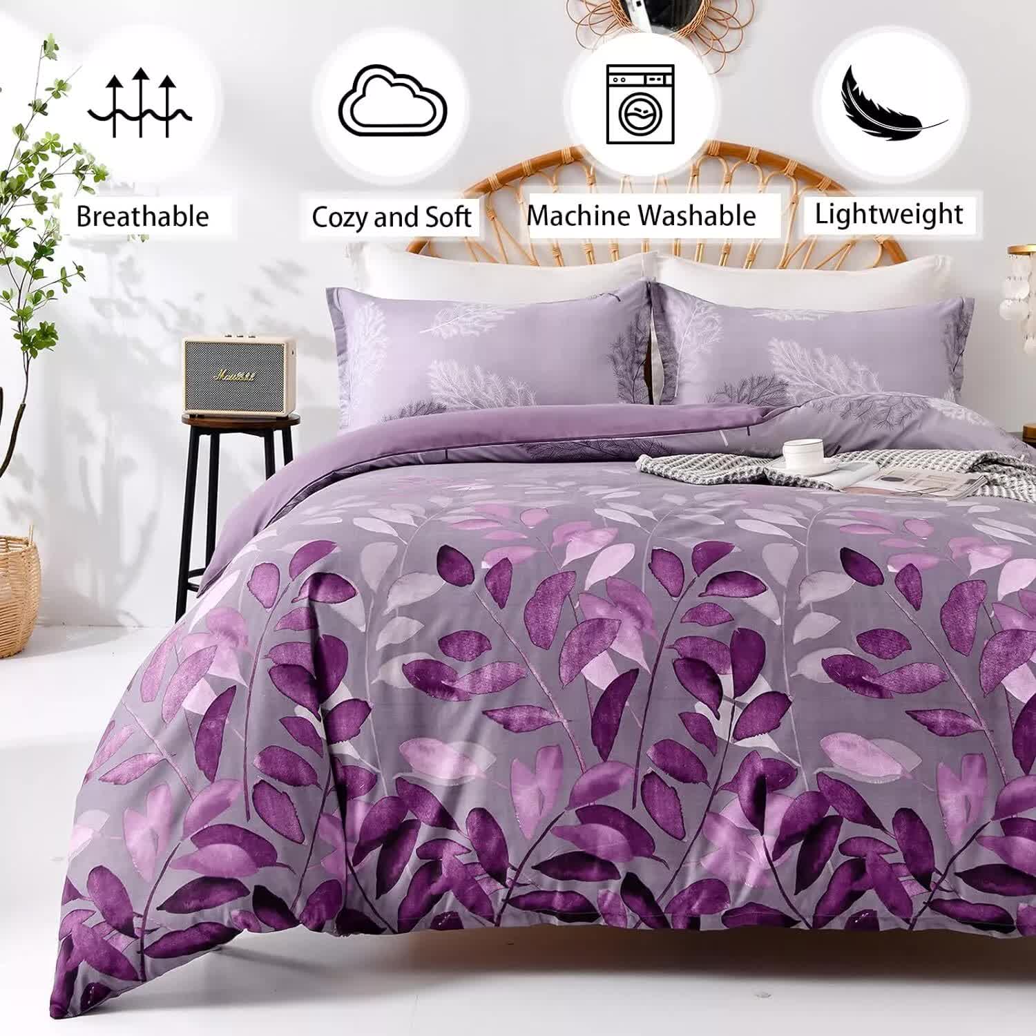 Soft Haven 3-Piece Duvet Cover Set - Long-Lasting Comfort-King with purple leaf design, breathable, soft, and machine washable bedding
