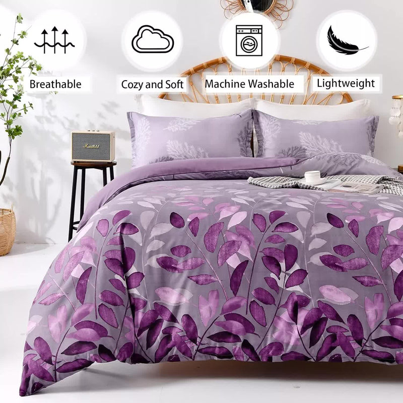 Soft Haven 3-Piece Duvet Cover Set - Long-Lasting Comfort-King with purple leaf design, breathable, soft, and machine washable bedding