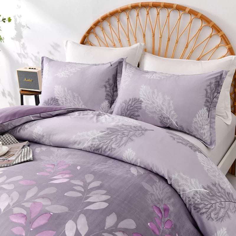 Soft Haven 3-Piece Duvet Cover Set - Long-Lasting Comfort-King with lavender botanical print on bed with rattan headboard