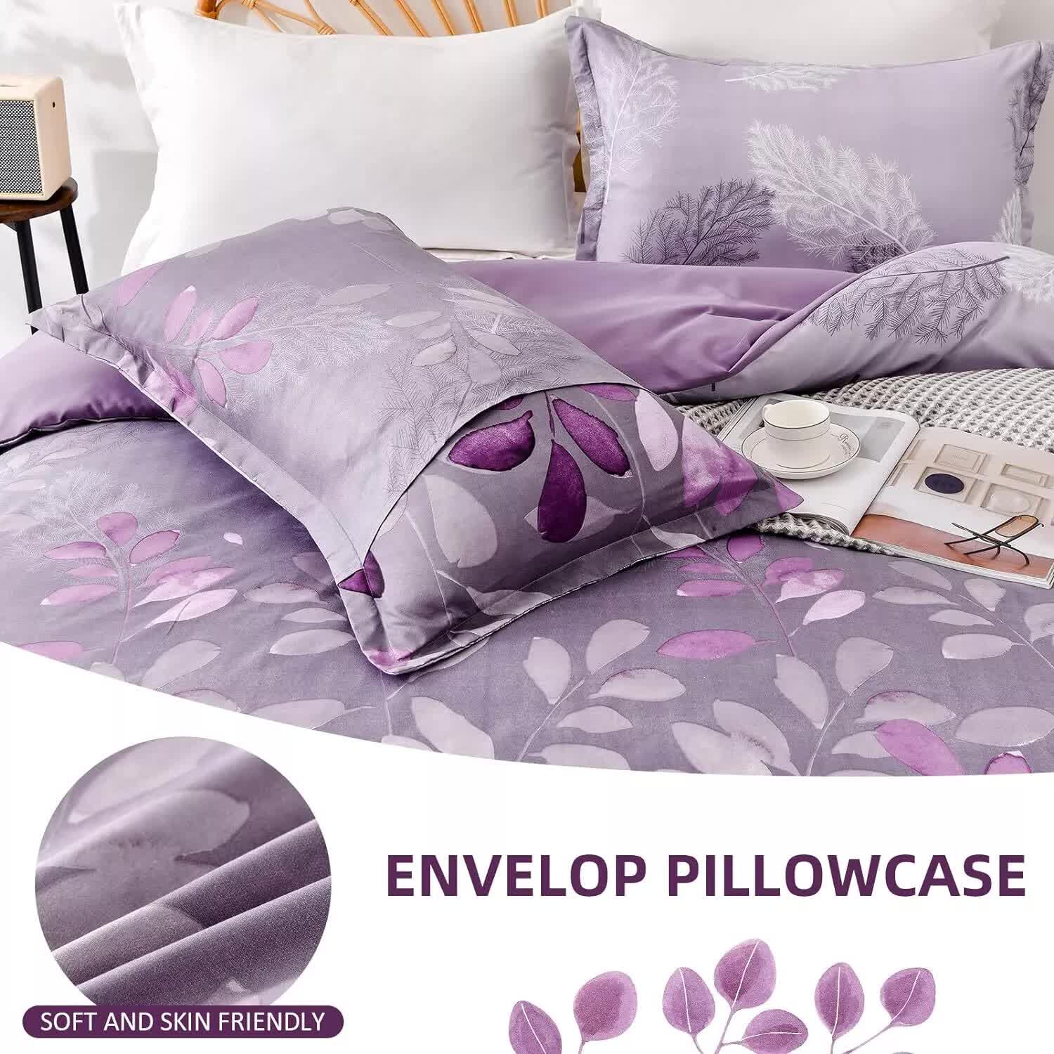 Soft Haven 3-Piece Duvet Cover Set - Long-Lasting Comfort-King in purple with leaf pattern, featuring envelope pillowcase on bedzy bedding.
