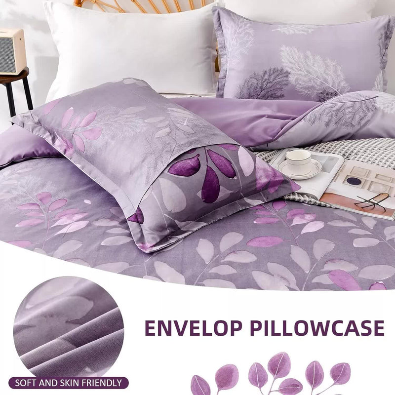 Soft Haven 3-Piece Duvet Cover Set - Long-Lasting Comfort-King in purple with leaf pattern, featuring envelope pillowcase on bedzy bedding.