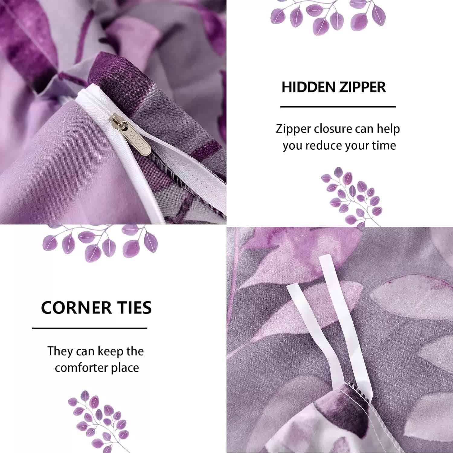Soft Haven 3-Piece Duvet Cover Set - Long-Lasting Comfort-King showing hidden zipper and corner ties in purple floral design