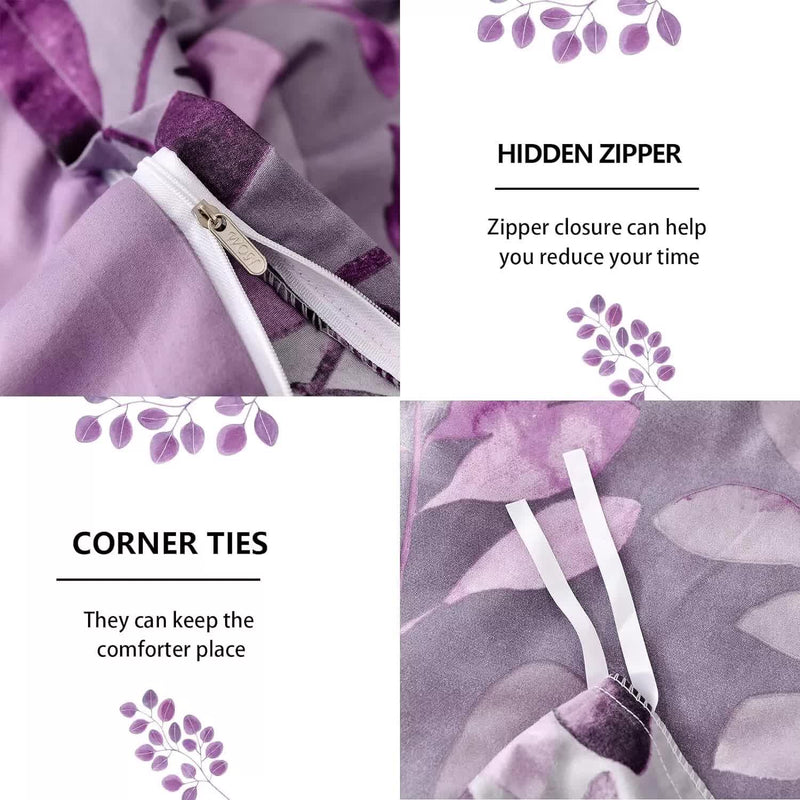 Soft Haven 3-Piece Duvet Cover Set - Long-Lasting Comfort-King showing hidden zipper and corner ties in purple floral design