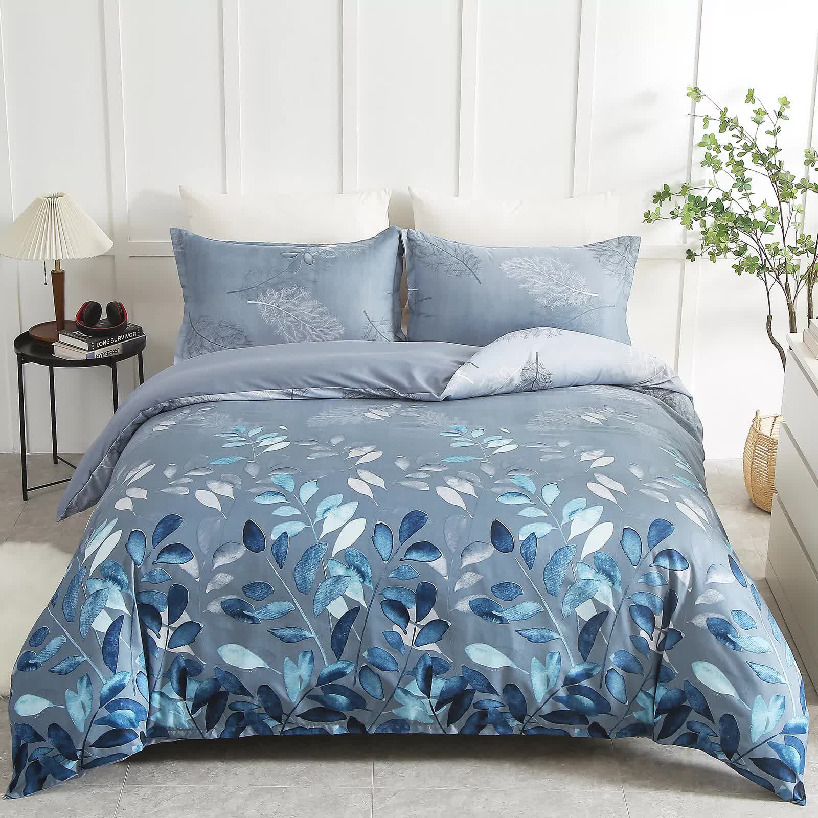 Timeless Design Plaid Duvet Cover Set - Lightweight-King with blue floral pattern on king bed in modern bedroom setting