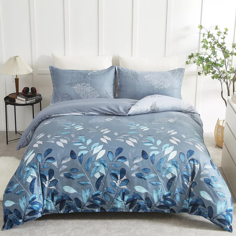 Timeless Design Plaid Duvet Cover Set - Lightweight-King in blue leaf pattern on king bed in bright modern bedroom