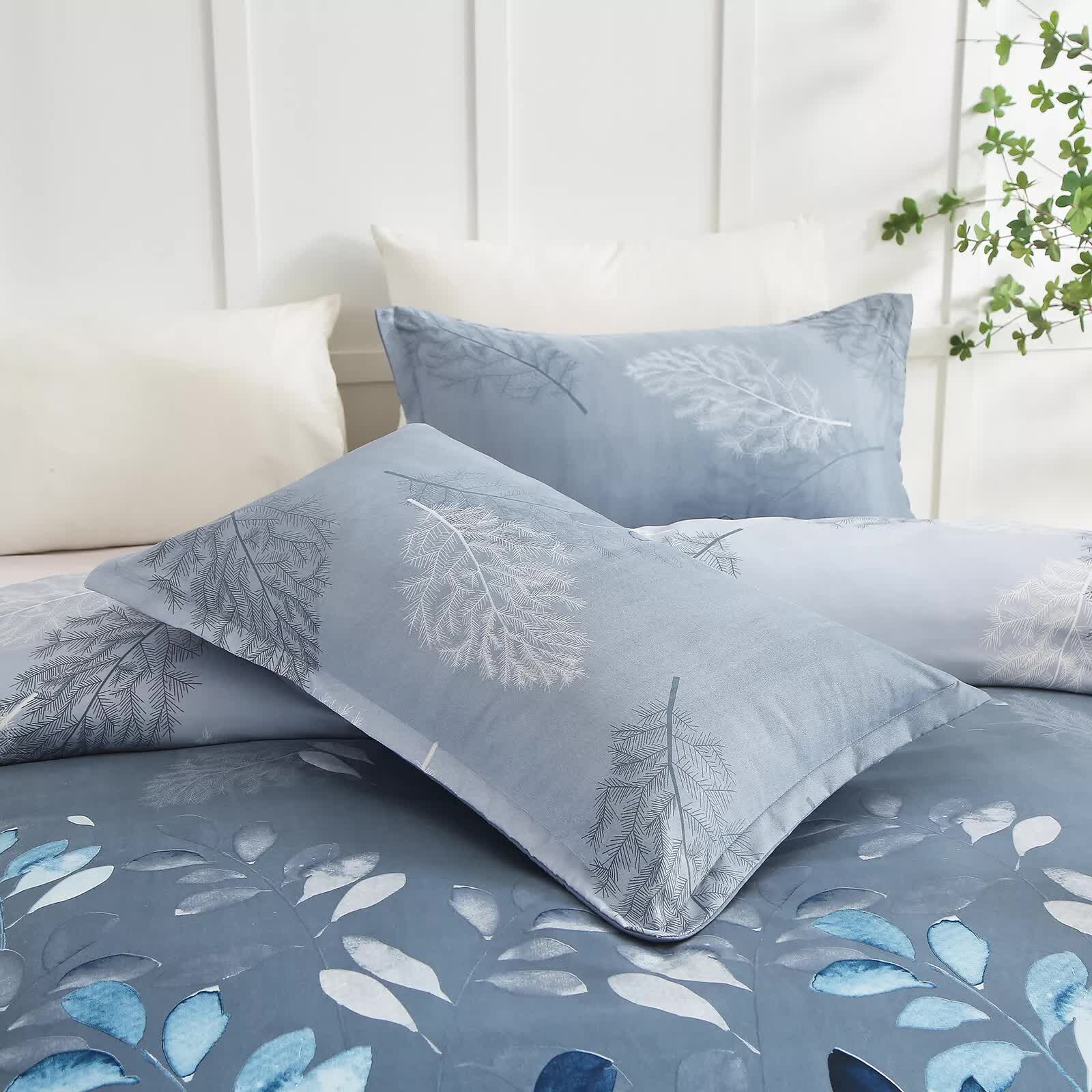 Timeless Design Plaid Duvet Cover Set - Lightweight-King with blue botanical pattern on bed in bright bedroom setting