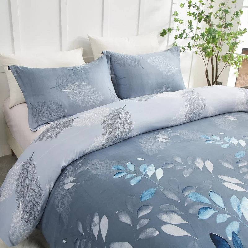 Timeless Design Plaid Duvet Cover Set - Lightweight-Queen with blue leaf pattern on bed in bright bedroom setting