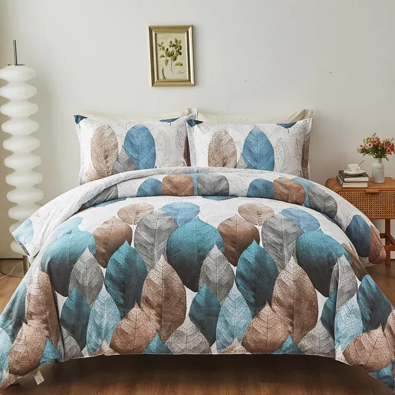 Classic White Duvet Cover Set - Hotel-Quality Finish-King featuring blue and brown leaf pattern on bed with bedside table and decor