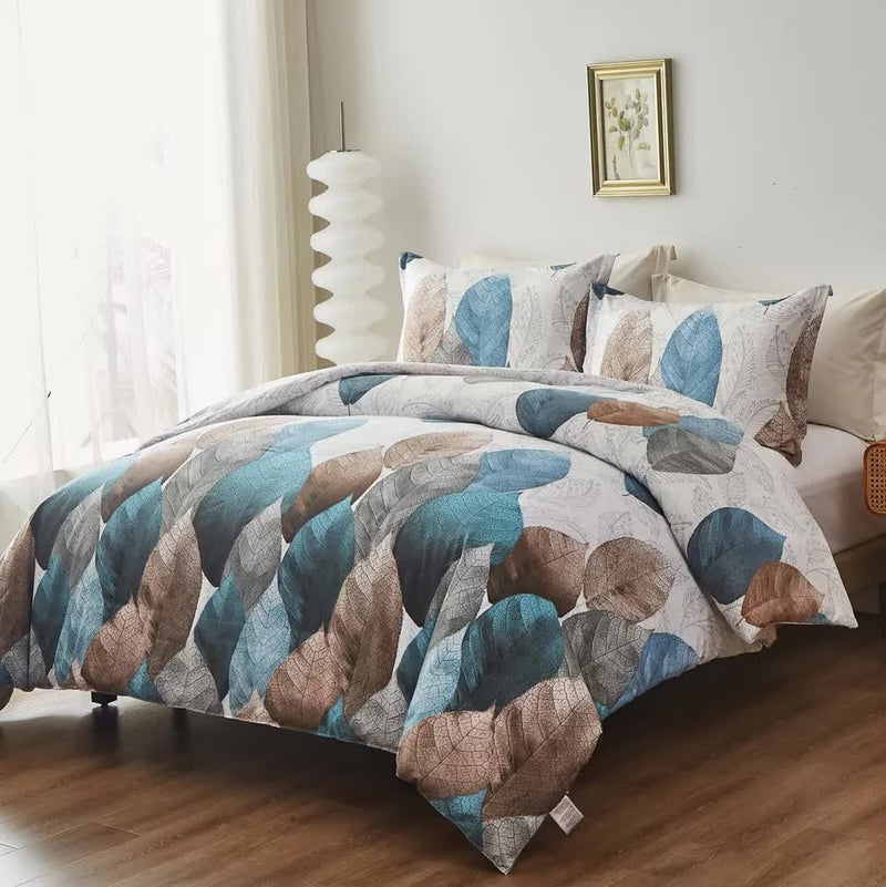Classic White Duvet Cover Set - Hotel-Quality Finish-Queen with blue and brown leaf pattern on bed in bright bedroom