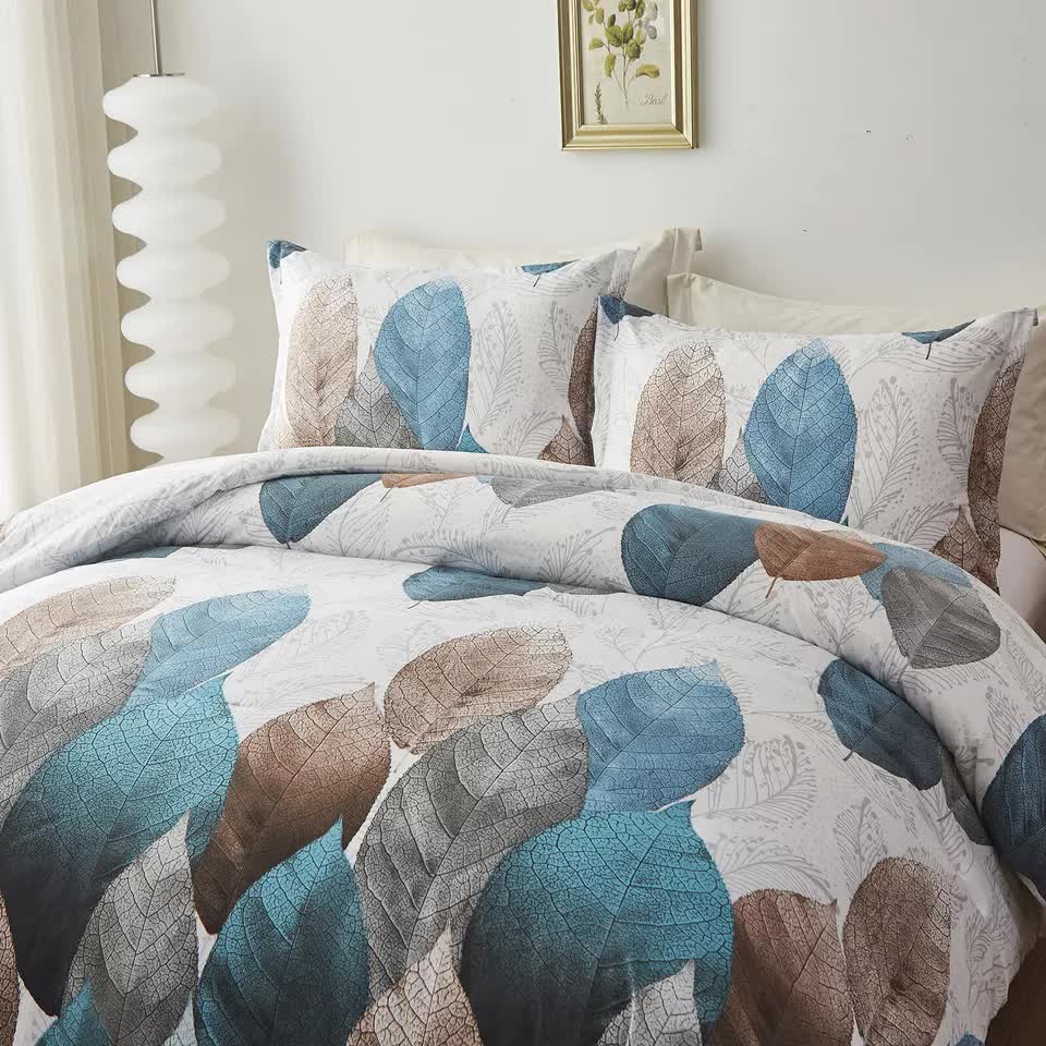 Classic White Duvet Cover Set - Hotel-Quality Finish-Queen with blue and brown leaf pattern on bedding in bright bedroom setting