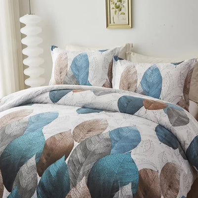 Classic White Duvet Cover Set - Hotel-Quality Finish-Queen with blue and brown leaf pattern on bedding in bright bedroom setting