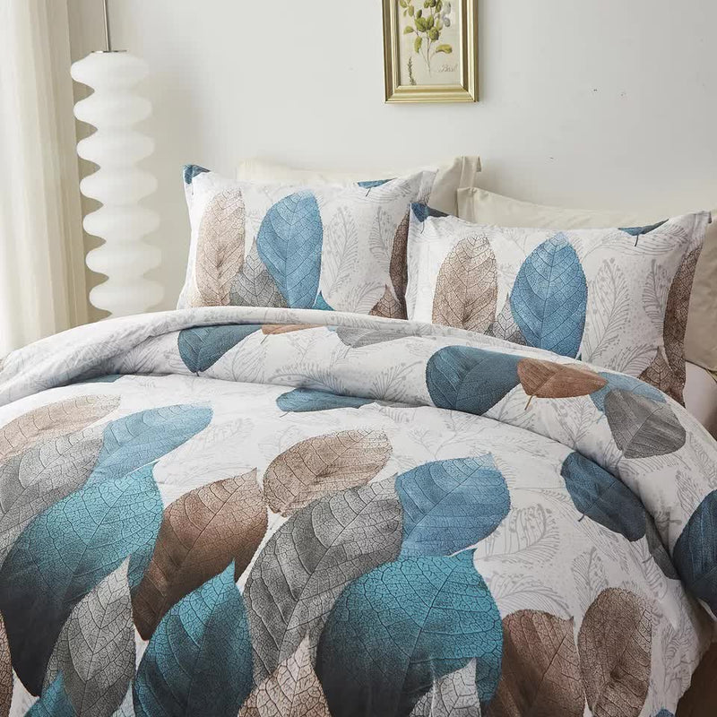 Classic White Duvet Cover Set - Hotel-Quality Finish-Queen with blue and brown leaf pattern on bedding in bright bedroom setting