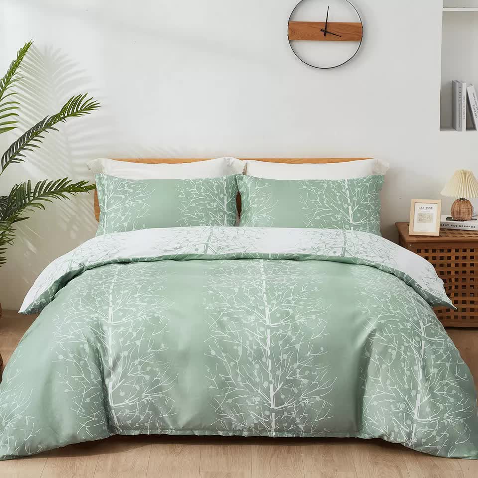 Artistic Vibes Abstract Duvet Cover Set - Easy Maintenance-King in light green with white tree design on a bed in a bedroom setting