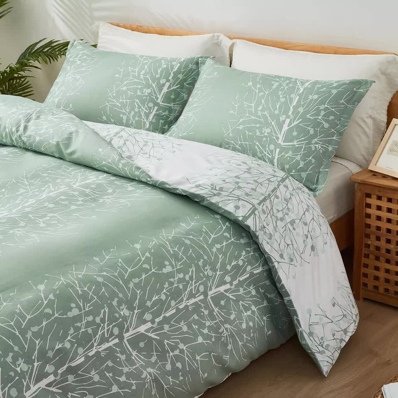 Artistic Vibes Abstract Duvet Cover Set - Easy Maintenance-King in green with white botanical pattern on a wooden bed frame
