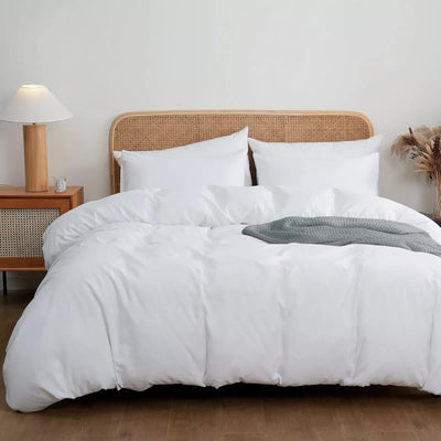 Serene Tones Pastel Duvet Cover Set - Quick-Dry Fabric-Queen on bed with pillows and bedside table lamp