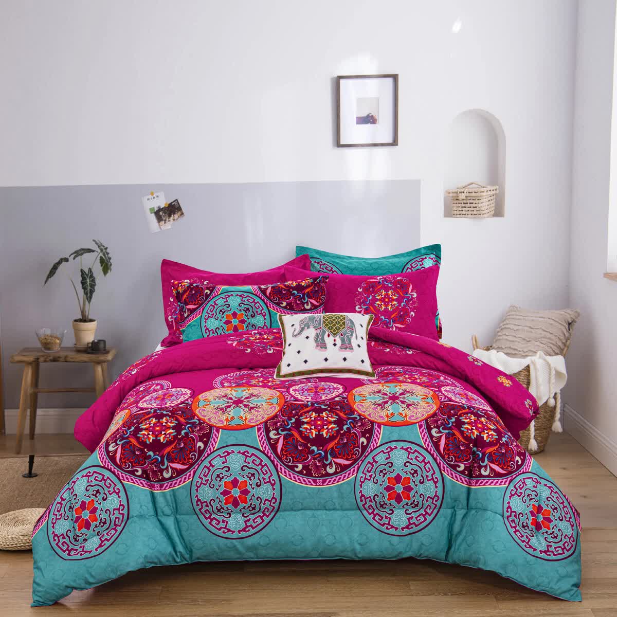 Aesthetic Glow Floral 3‑Piece Comforter Set with Matching Shams in vibrant pink and teal on a bed in a modern bedroom