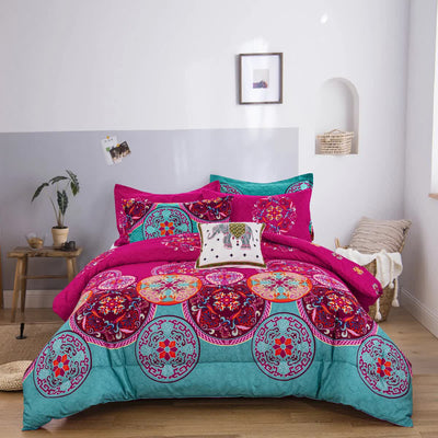 Aesthetic Glow Floral 3‑Piece Comforter Set with Matching Shams in vibrant pink and teal on a bed in a modern bedroom