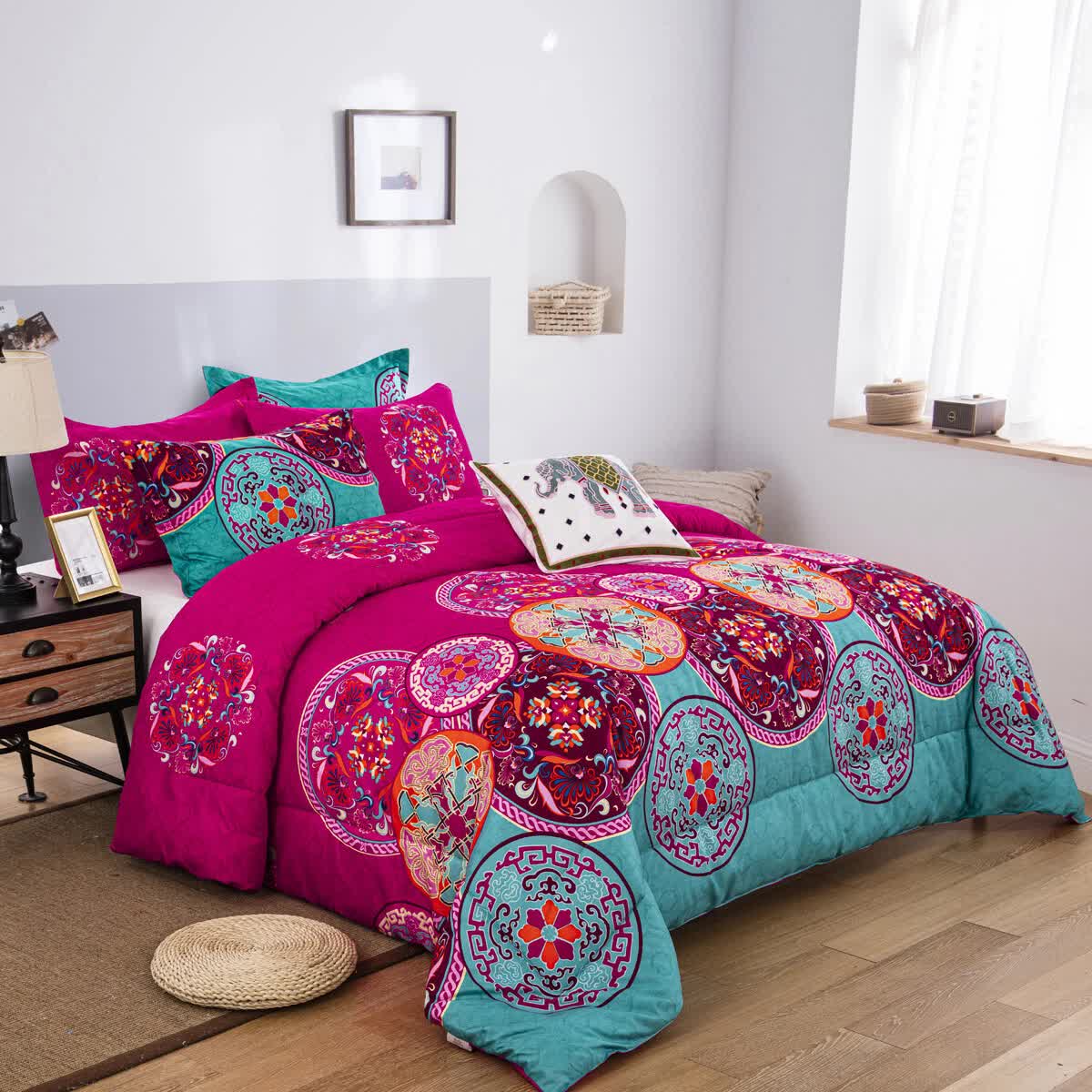 Aesthetic Glow Floral 3‑Piece Comforter Set with Matching Shams in vibrant pink and teal floral pattern on bed.