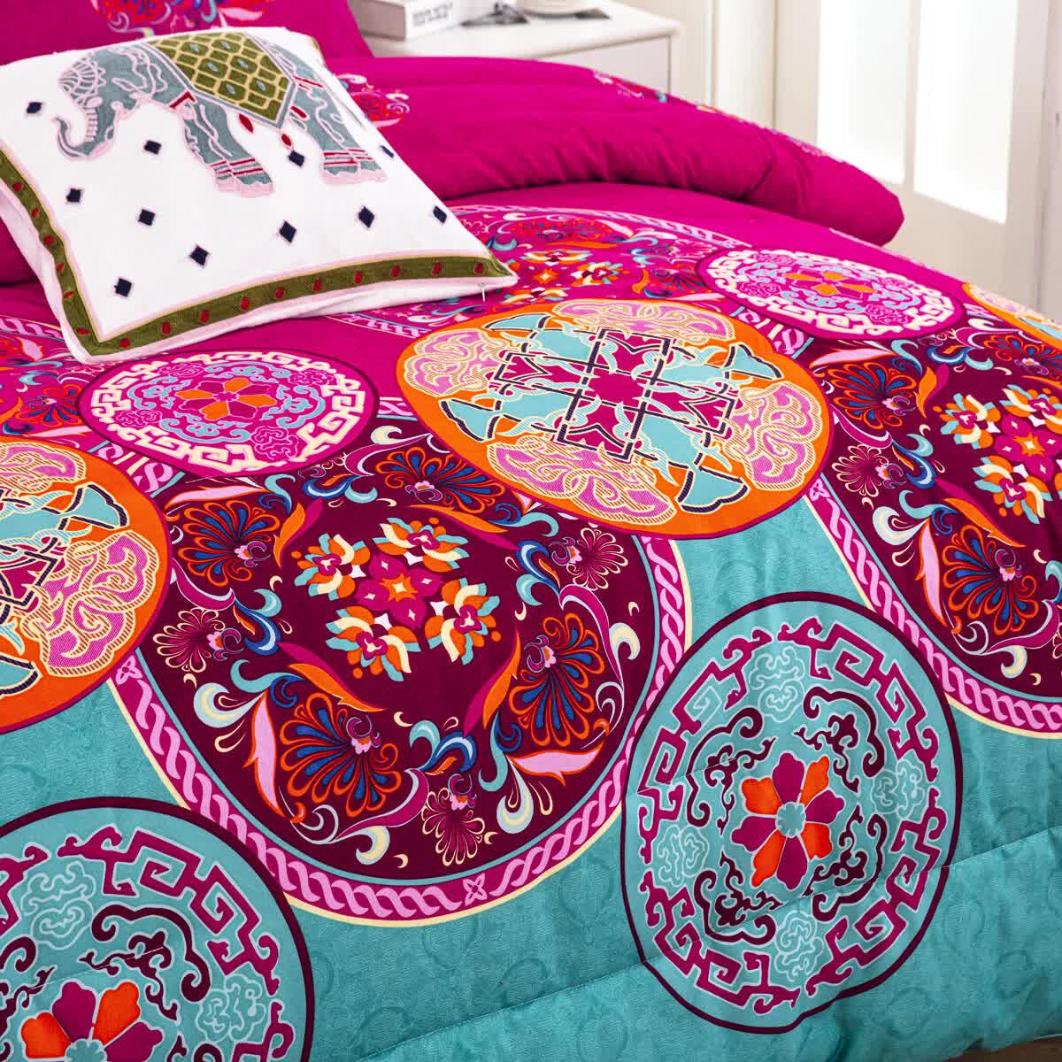 Aesthetic Glow Floral 3‑Piece Comforter Set with Matching Shams featuring vibrant multicolor circular floral patterns on bedding.