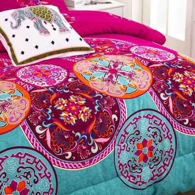 Aesthetic Glow Floral 3‑Piece Comforter Set with Matching Shams featuring vibrant multicolor circular floral patterns on bedding.