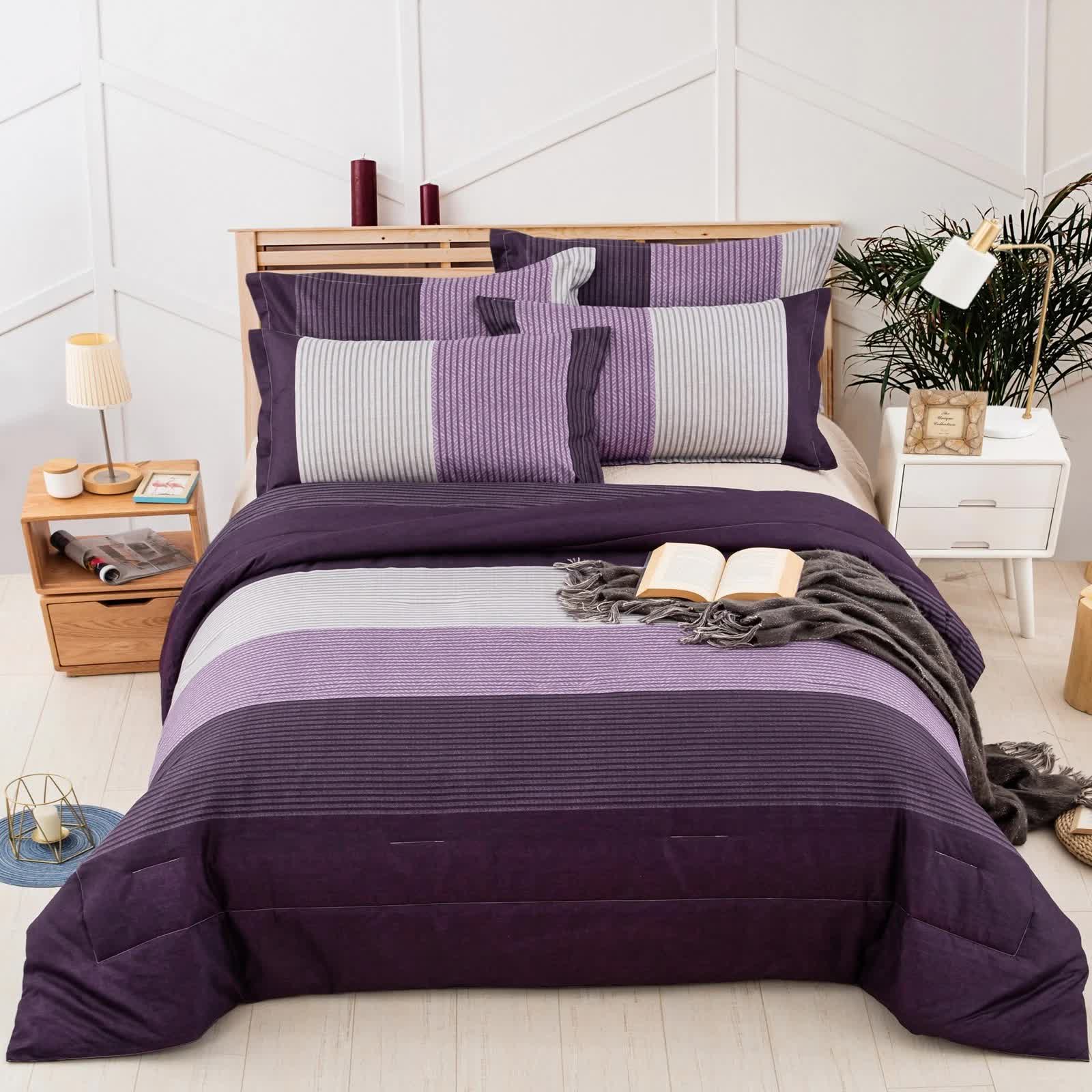 Urban Nest 3‑Piece Comforter Collection – Fresh Room Aesthetic with purple striped comforter on bed with pillows and bedside tables