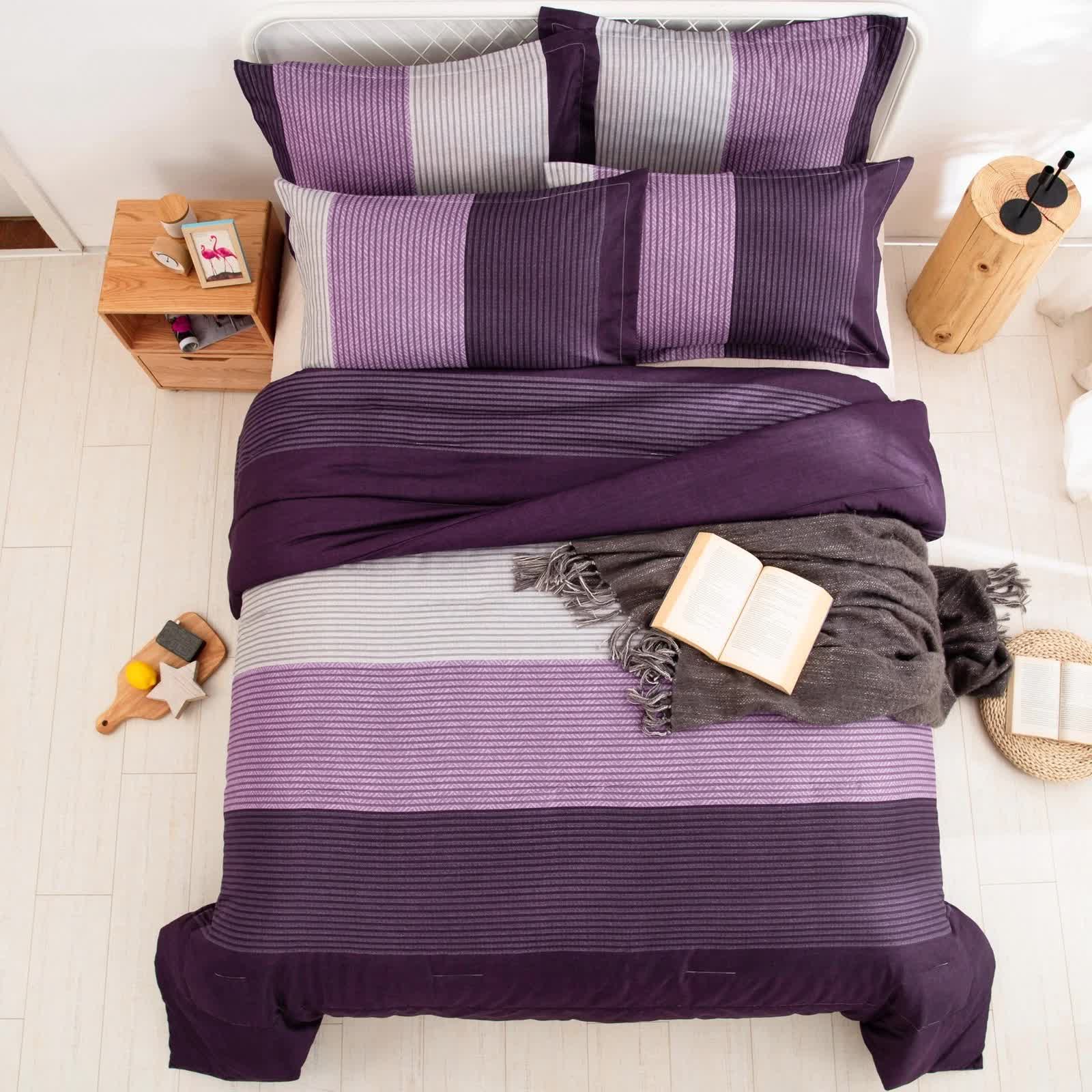 Urban Nest 3‑Piece Comforter Collection – Fresh Room Aesthetic with striped purple bedding and matching pillowcases on bedzy bed.