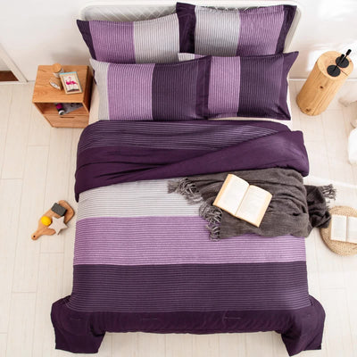 Urban Nest 3‑Piece Comforter Collection – Fresh Room Aesthetic with striped purple bedding and matching pillowcases on bedzy bed.