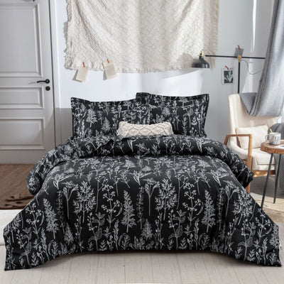 Floral Leaves Comforter Set, King Size, Microfiber Quilted Bedding with Pillowcase on bed in modern bedroom setting