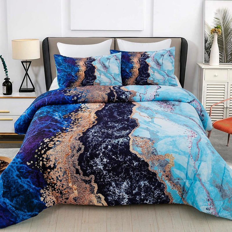 Blue Marble Comforter Set, King Size, Retro Watercolor 3-Piece Bedding Collection displayed on modern bed with bedroom furniture.