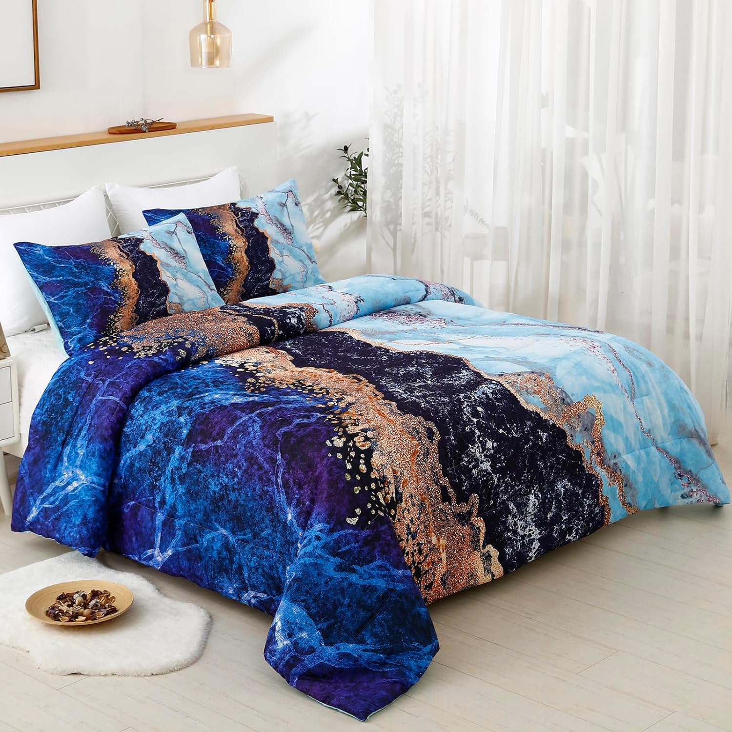 Blue Marble Comforter Set, King Size, Retro Watercolor 3-Piece Bedding Collection with vibrant blue and gold marble pattern on bedzy bed