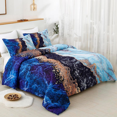 Blue Marble Comforter Set, King Size, Retro Watercolor 3-Piece Bedding Collection with vibrant blue and gold marble pattern on bedzy bed
