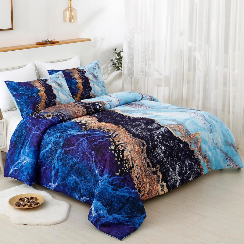 Blue Marble Comforter Set, King Size, Retro Watercolor 3-Piece Bedding Collection with vibrant blue and gold marble pattern on bedzy bed