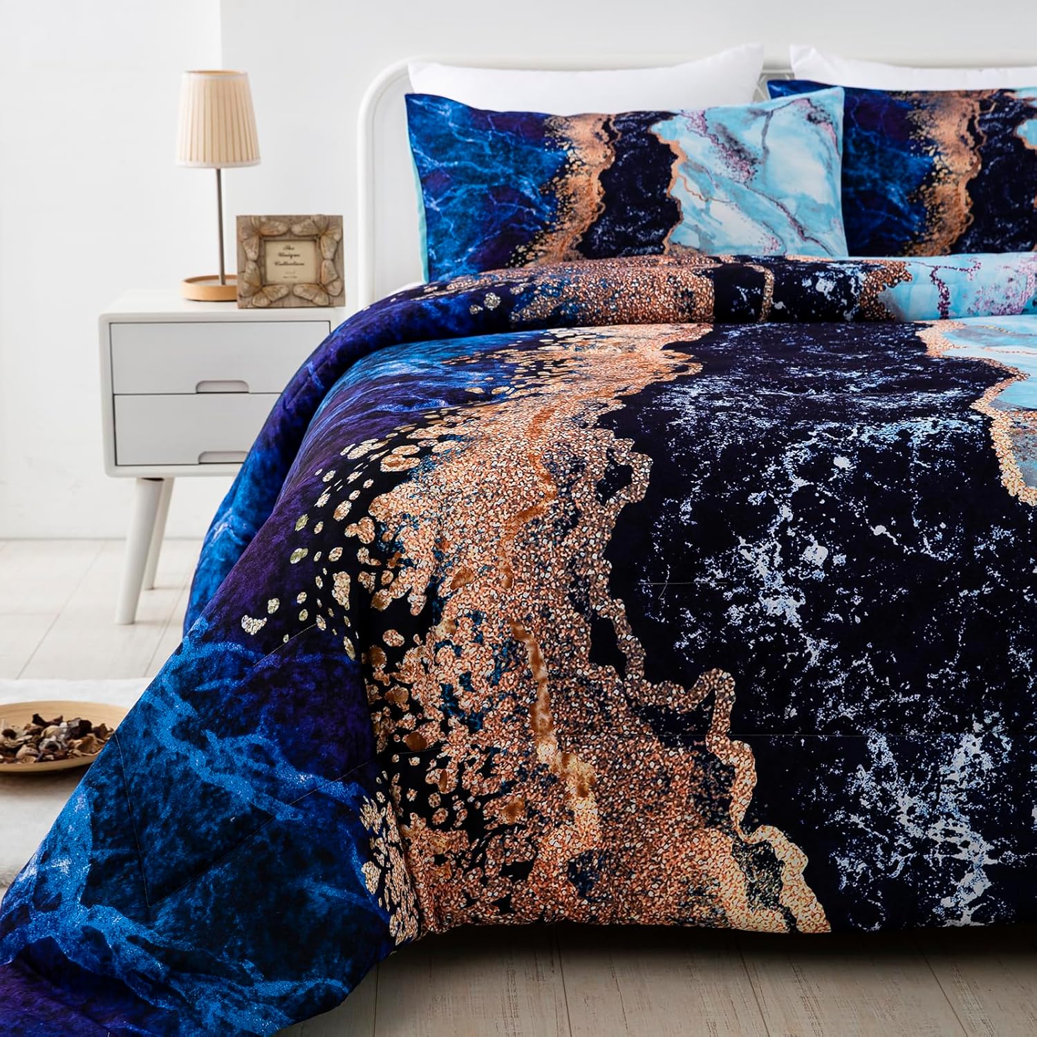 Blue Marble Comforter Set, King Size, Retro Watercolor 3-Piece Bedding Collection in blue and copper tones on a styled bed.