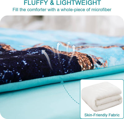 Close-up of Blue Marble Comforter Set, King Size, Retro Watercolor 3-Piece Bedding Collection showing fluffy microfiber fill and skin-friendly fabric.