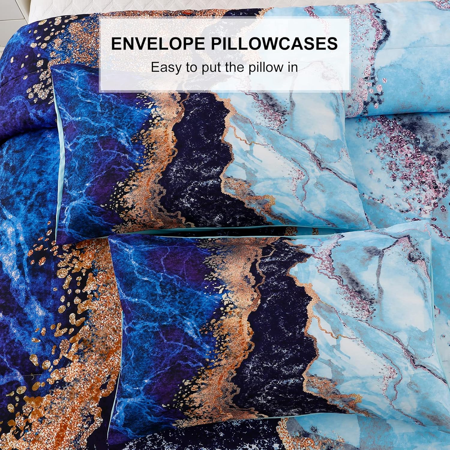 Blue Marble Comforter Set, King Size, Retro Watercolor 3-Piece Bedding Collection with envelope pillowcases close-up view