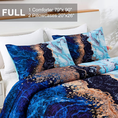 Blue Marble Comforter Set, King Size, Retro Watercolor 3-Piece Bedding Collection with vibrant blue and copper marble design on bed