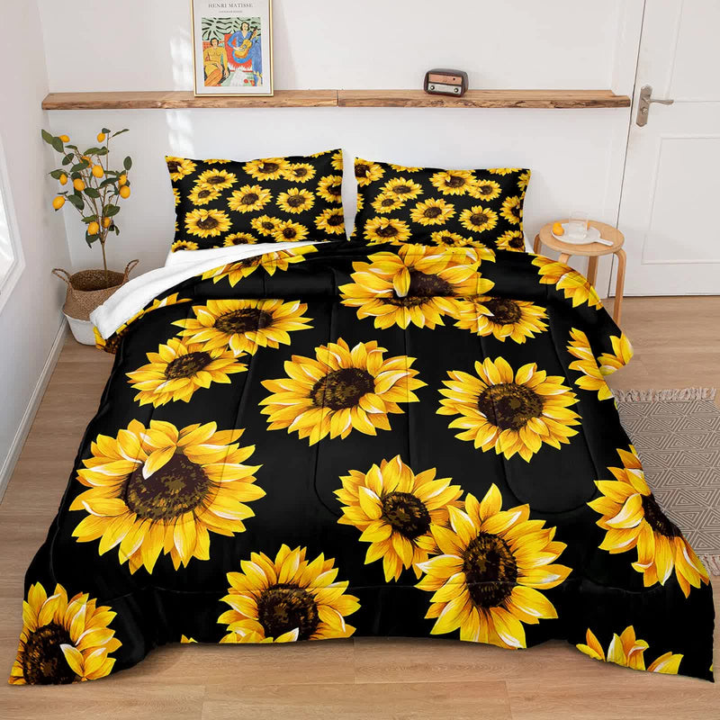 Scandi Dream soft floral Comforter Set – Soft Neutral 3‑Piece Look with bright sunflower pattern on black bedding in modern bedroom
