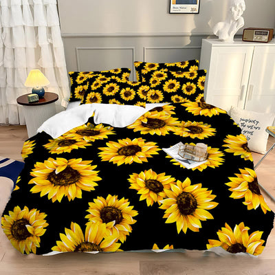 Scandi Dream soft floral Comforter Set – Soft Neutral 3‑Piece Look with bright sunflower pattern on black bedding in cozy bedroom setting