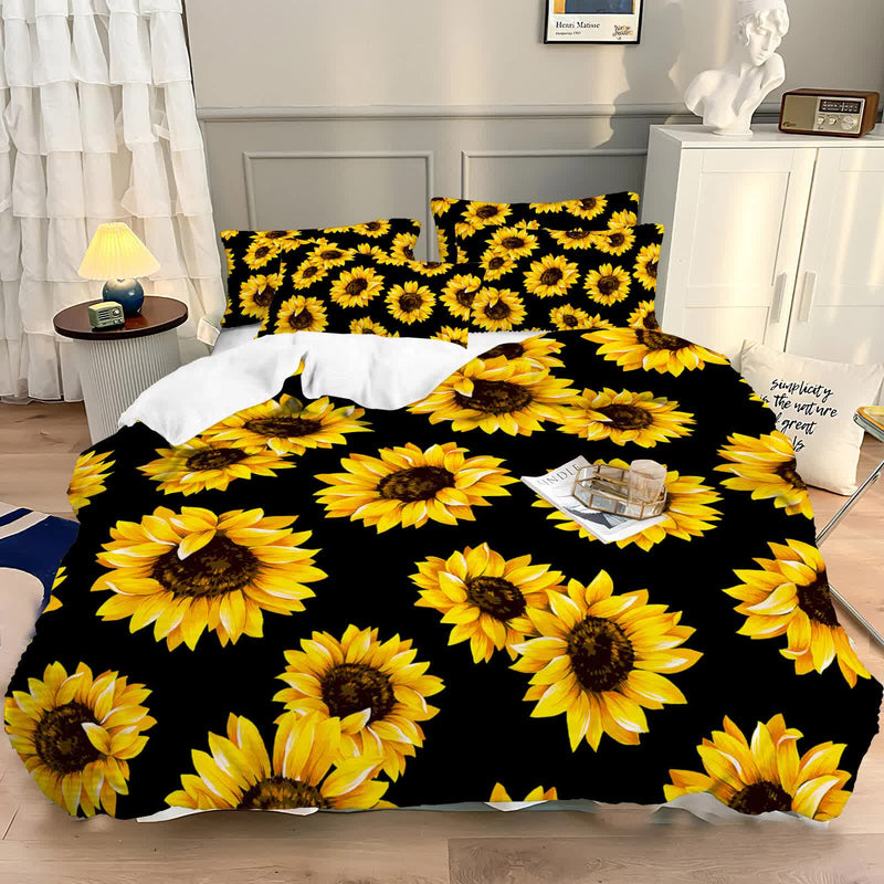 Scandi Dream soft floral Comforter Set – Soft Neutral 3‑Piece Look with bright sunflower pattern on black bedding in cozy bedroom setting